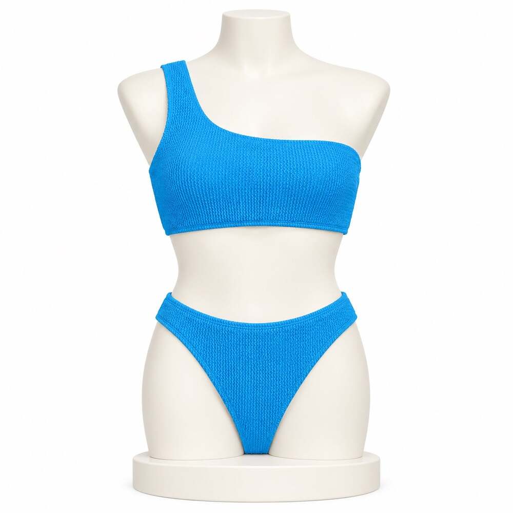 Women 2 Piece Swimsuit M Blue One Shoulder Crinkle Textured High Cut NWOT